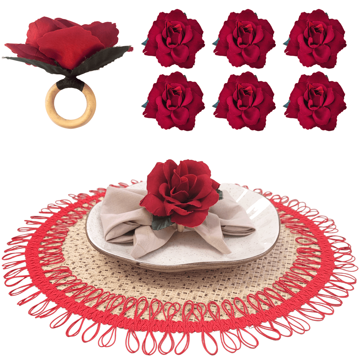 Maison Charlo Set of 6 Red Colombiana Rose Flower Rosebud Napkin Rings for dining table decor