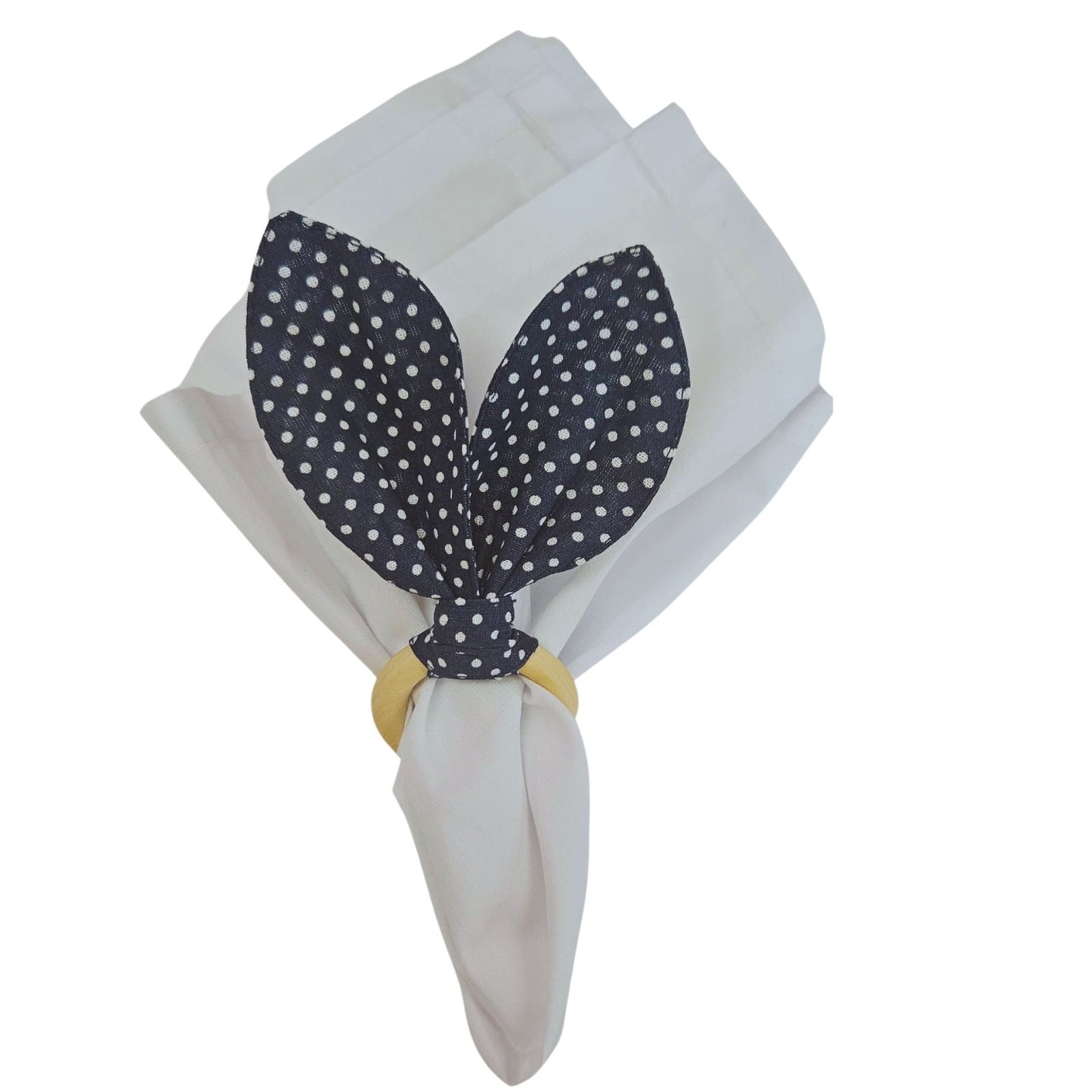 Maison Charlo | Easter Set of 4 Navy Polka Dot Bunny Ears Napkin Rings | Dining Table Decor