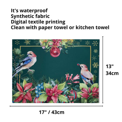 Set of 4 Placemats Christmas Bird Cloth Waterproof 17" by 13" -  Green