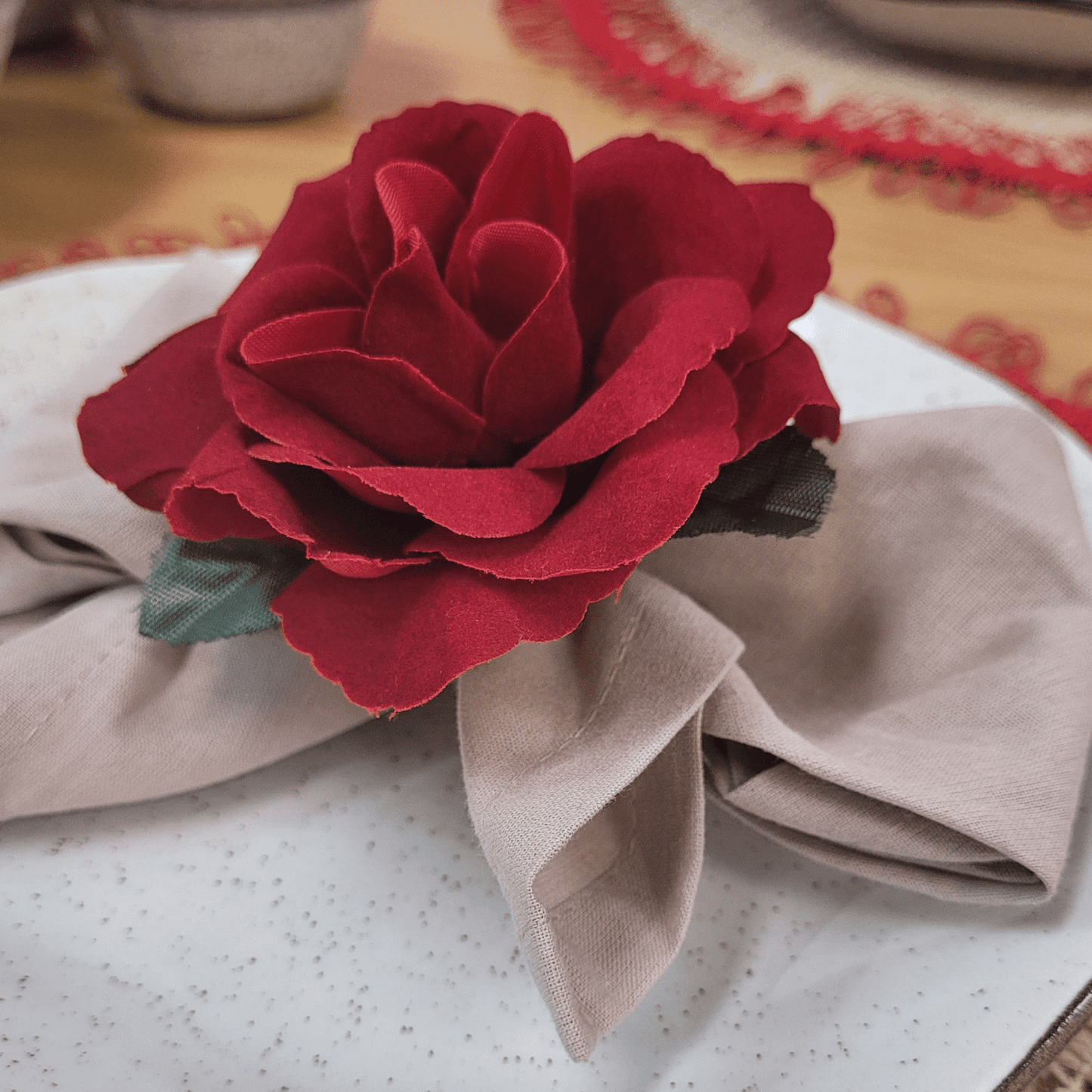 Maison Charlo Set of 6 Red Colombiana Rose Flower Rosebud Napkin Rings for dining table decor