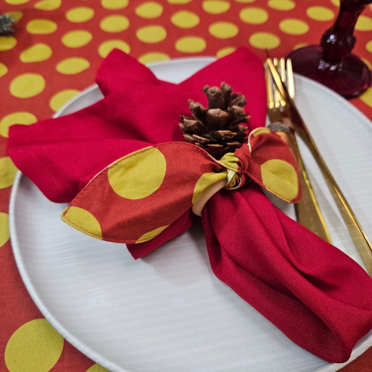 Maison Charlo | Table Runner & Ties Napkin Rings Kits Red & Gold Dot Polka for Christmas, Easter, Valentine's, Mother's Day