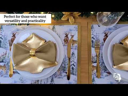 Set of 4 Placemats Christmas Reindeer Cloth Waterproof 17" by 13"  - Gold