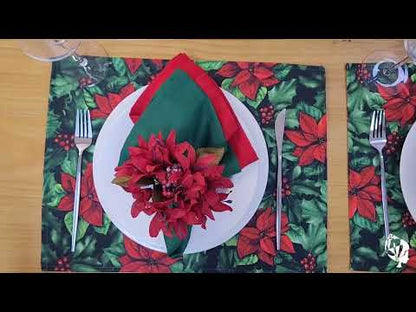 Set of 4 Placemats Christmas Flower Cloth Waterproof 17" by 13" - Red