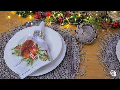 Charlo's Cloth Napkins Set of 4 Christmas Squirrel 16" by 16" - Grey