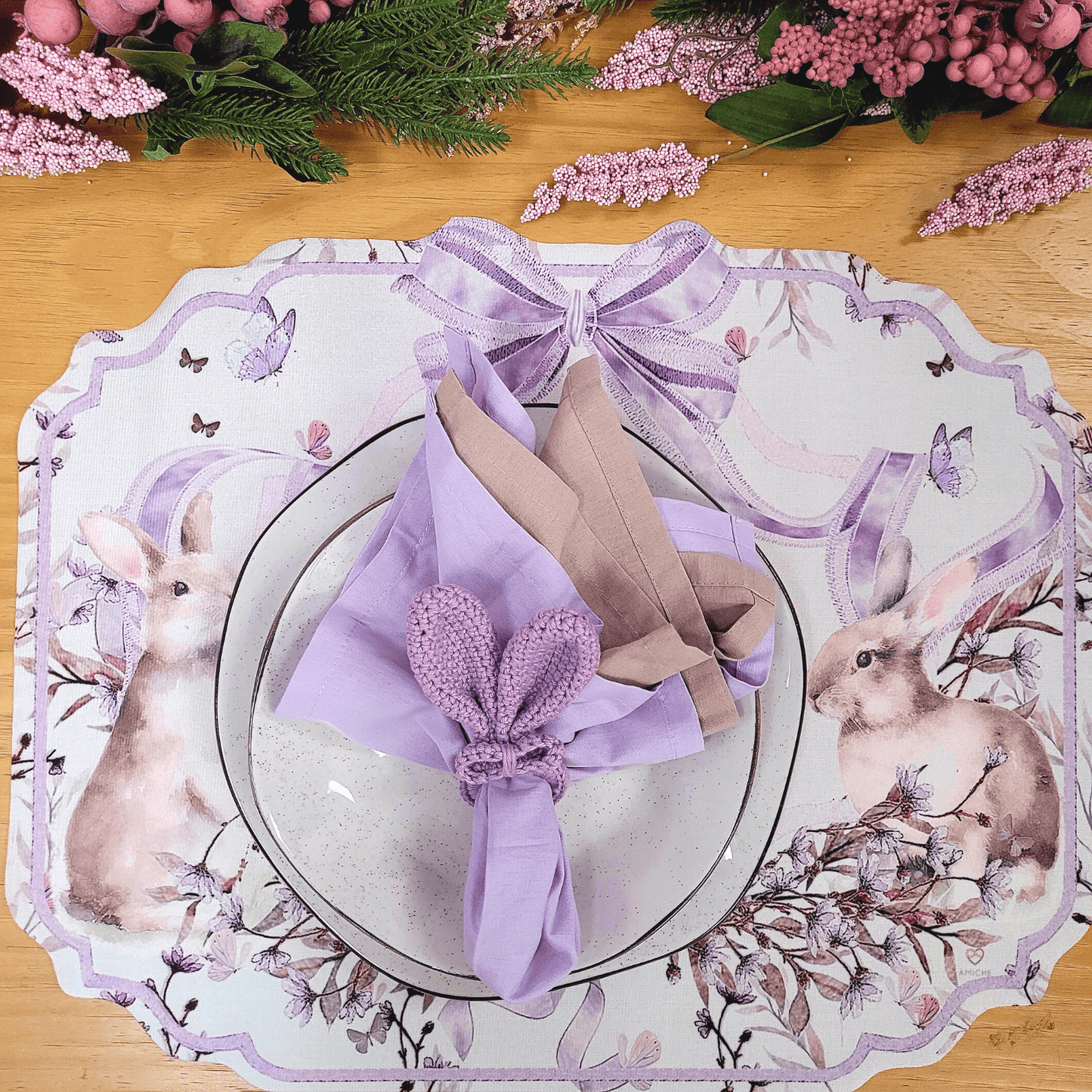 Set 4 Placemats Waterproof Lace Lilac Easter Bunny Gardens Non Slip Easy to Clean placemat, Reusable Placemats, Dining Table, TableSetting