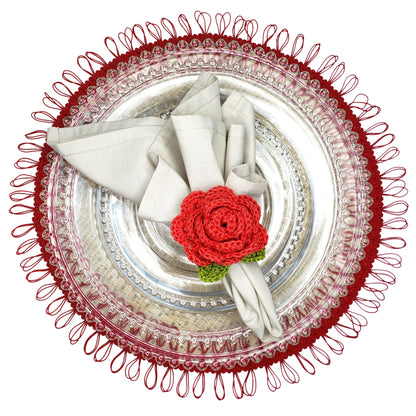 Charlo's Set of 4 Red Crochet Rosebud Napkin Rings, High Quality Products, gifts,