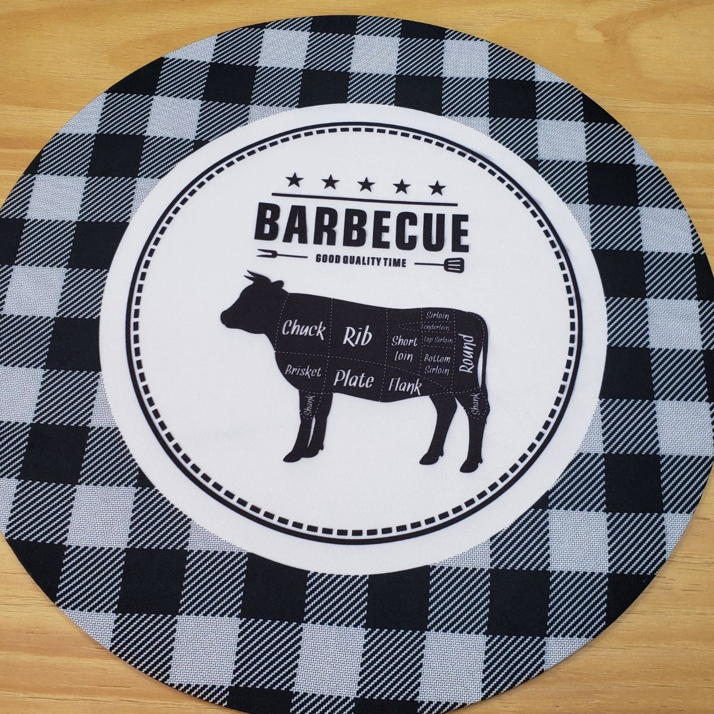 Set of 4 Round Placemats Covers Black Barbecue Plaid 14 Dia inch