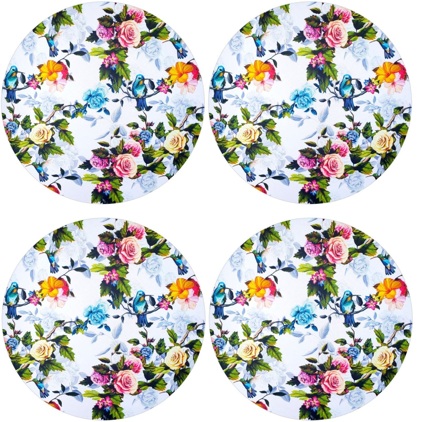 Set of 4 Round Placemats Covers Floral Birds Vintage 14 Dia inch