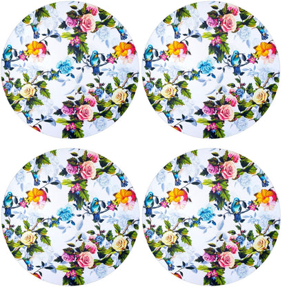 Set of 4 Round Placemats Covers Floral Birds Vintage 14 Dia inch