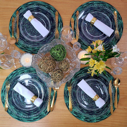 Set of 4 Round Placemats Covers Braided Green 14 Dia inch