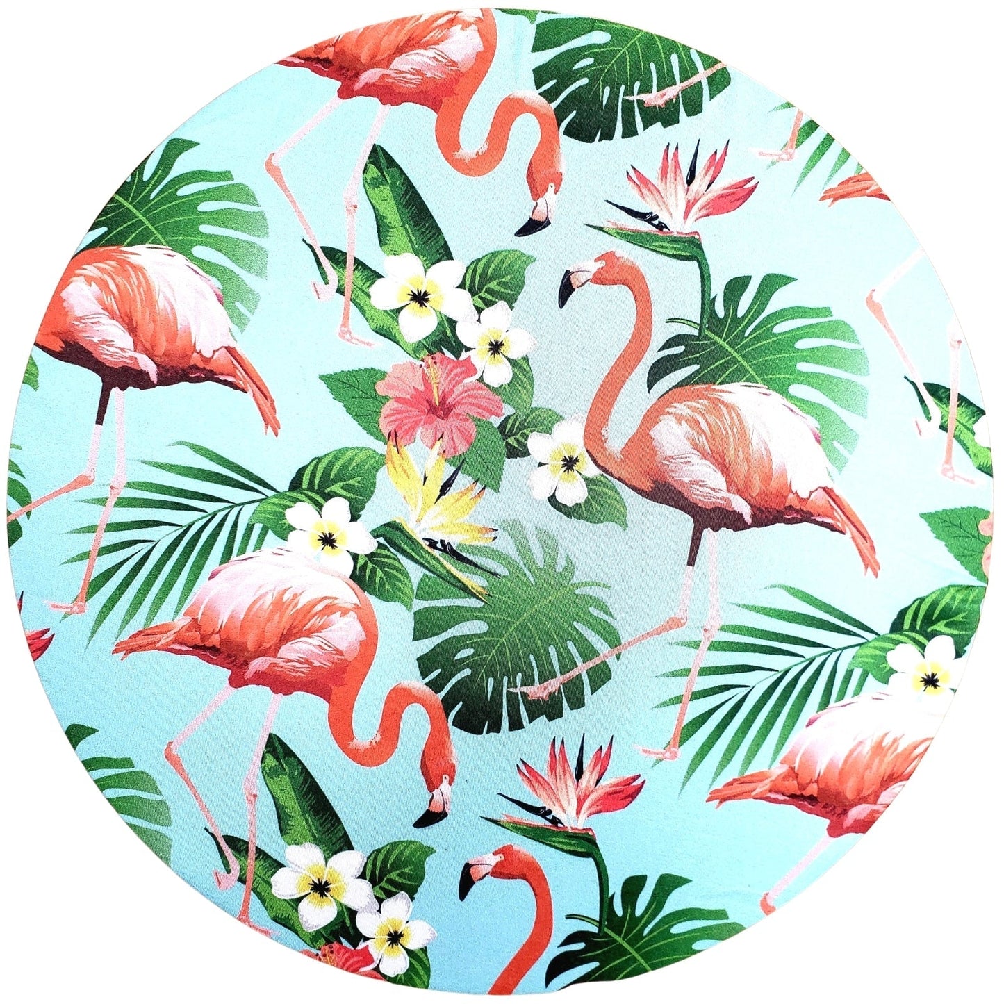 Set of 4 Round Placemats Covers Green Flamingo and Monstera Leaf 14 Dia inch