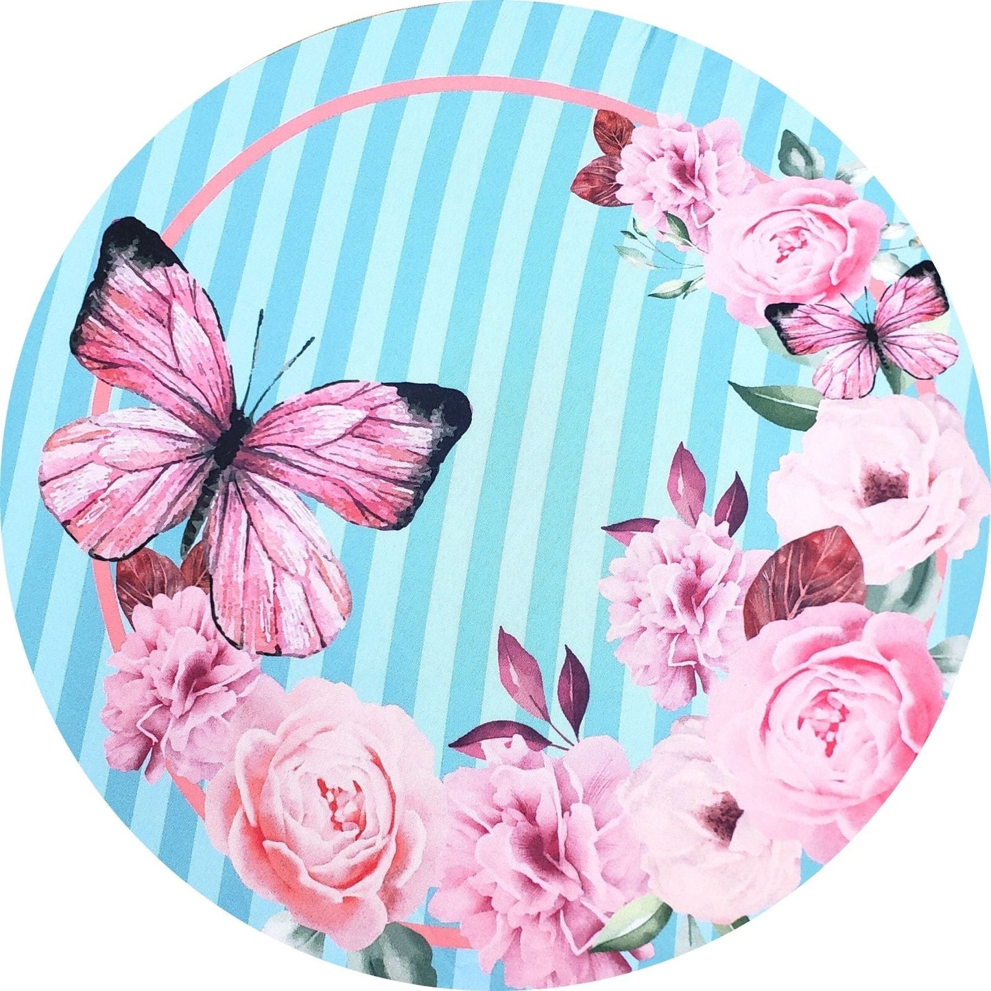 Set of 4 Round Placemats Covers Pink Blue Striped Butterfly 14 Dia inch