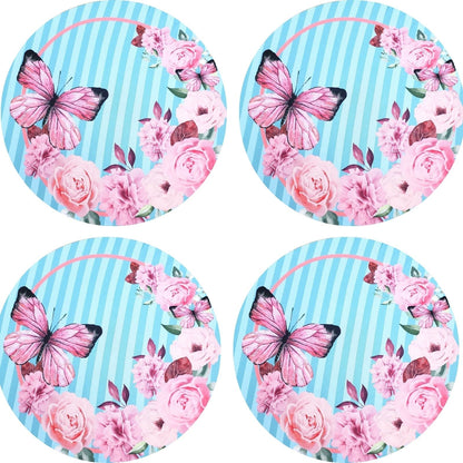 Set of 4 Round Placemats Covers Pink Blue Striped Butterfly 14 Dia inch