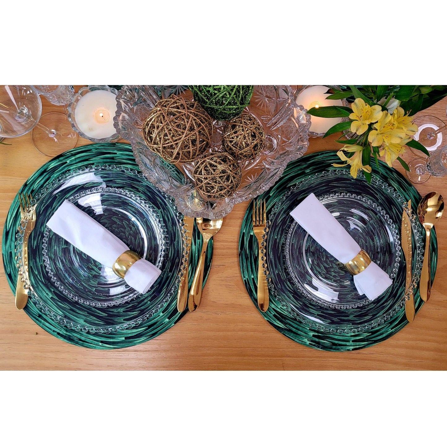 Set of 4 Round Placemats Covers Braided Green 14 Dia inch