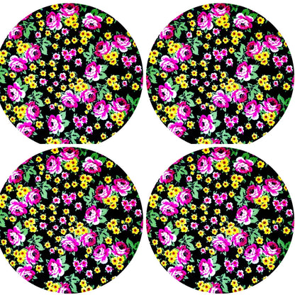 Set of 4 Round Placemats Covers 14 Dia inch Litle Black Flower Charlo