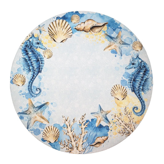 Set of 4 Round Placemats Covers Ring Seahorse Blue 14 Dia inch