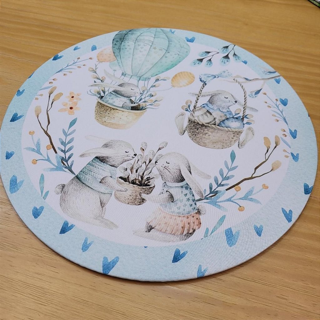 Set of 4 Round Placemats Covers Blue Easter Bunny Balloon 14 Dia inch